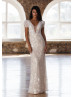 Short Sleeves Beaded Lace Tulle Sparkly Wedding Dress